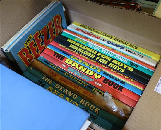 Mid-1970s-80 childrens annuals, inc Dandy, Beano, Cor!, Warlord etc, other childrens books, Giles cartoons, etc (-)